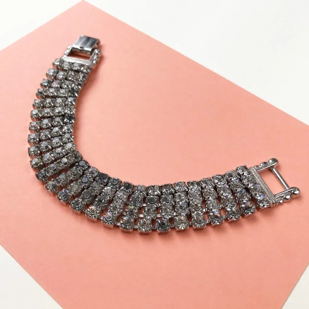 Wide rhinestone tennis bracelet, statement clear crystal bracelet 60s vintage